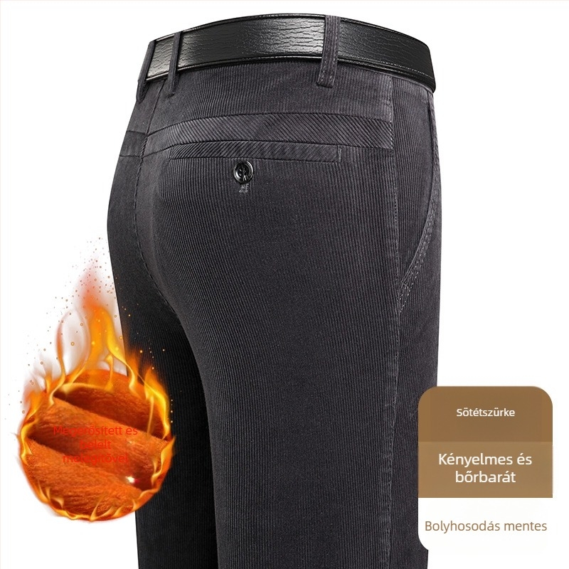 Corduroy férfi nadrág, tapered szabás, fleece-belelés, vastag anyag, magas derekú (középkorú férfiak számára)