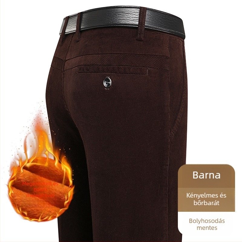 Corduroy férfi nadrág, tapered szabás, fleece-belelés, vastag anyag, magas derekú (középkorú férfiak számára)