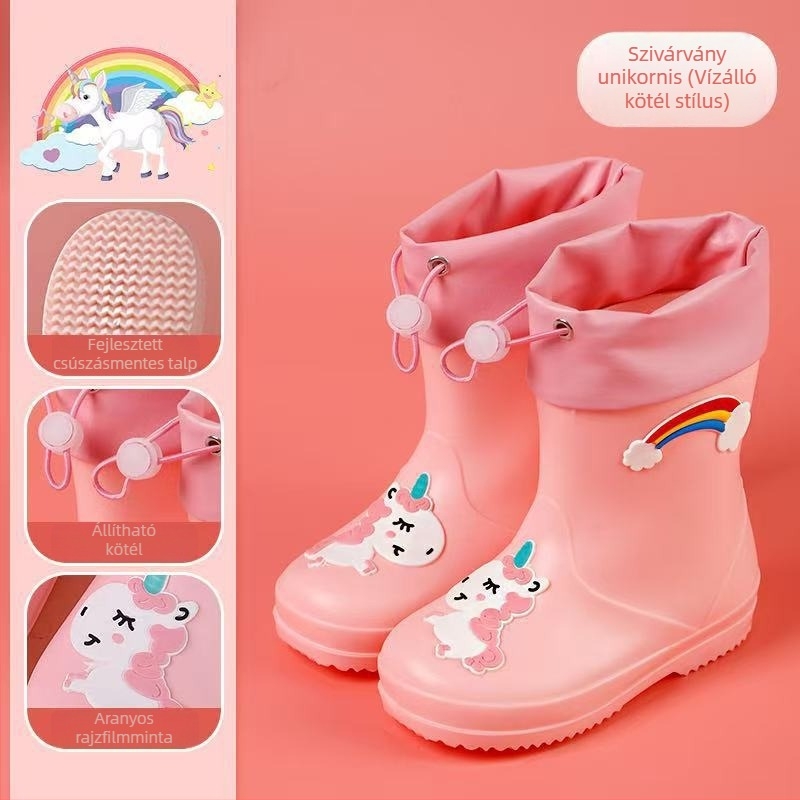 Gyermek esőcsizmák, középmagasak, PVC felsőrész, vízálló, csúszásmentes talp, belső pamut bélés, 6 hónaptól 6 éves korig