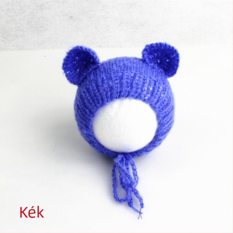 Kötött babasapka mohairból, medve alakú, kupola tetejű, meleg fotózáshoz tavasszal/ősszel, 0–6 hónapos korosztálynak