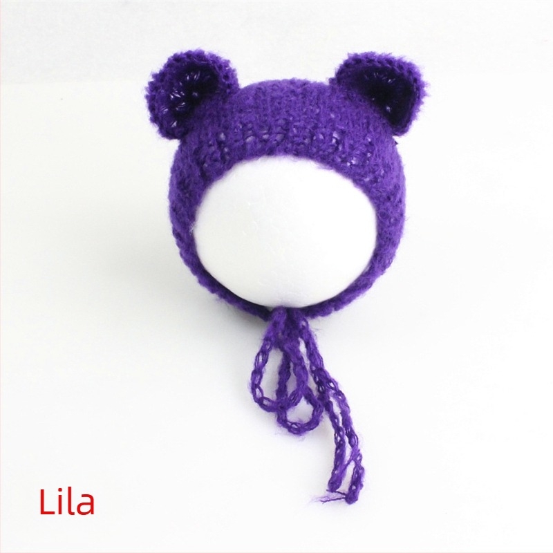 Kötött babasapka mohairból, medve alakú, kupola tetejű, meleg fotózáshoz tavasszal/ősszel, 0–6 hónapos korosztálynak