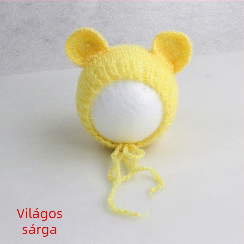 Kötött babasapka mohairból, medve alakú, kupola tetejű, meleg fotózáshoz tavasszal/ősszel, 0–6 hónapos korosztálynak