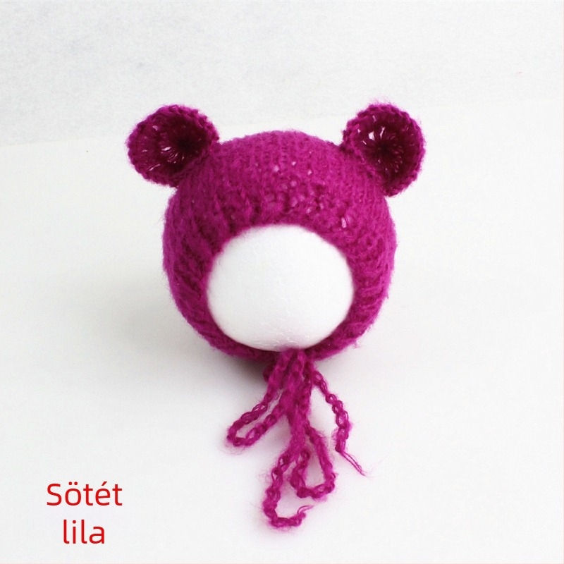 Kötött babasapka mohairból, medve alakú, kupola tetejű, meleg fotózáshoz tavasszal/ősszel, 0–6 hónapos korosztálynak