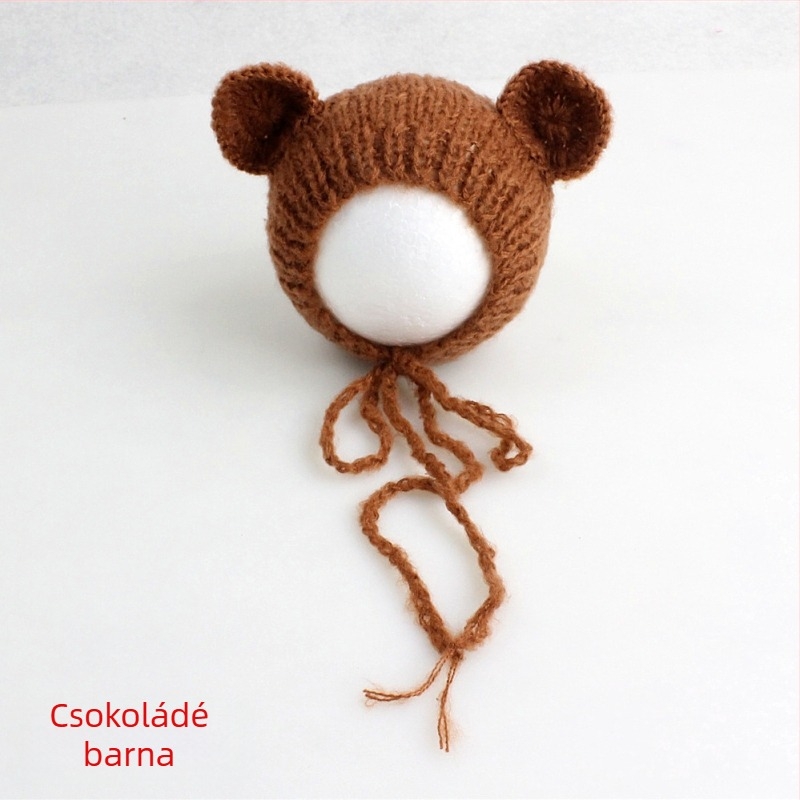 Kötött babasapka mohairból, medve alakú, kupola tetejű, meleg fotózáshoz tavasszal/ősszel, 0–6 hónapos korosztálynak