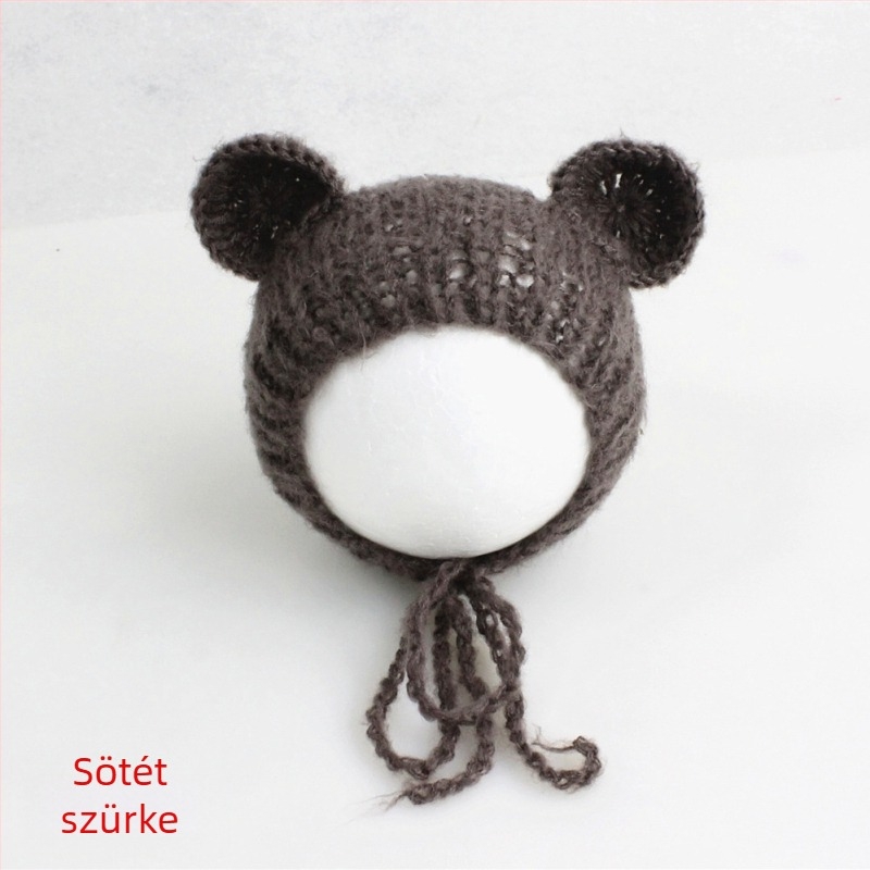 Kötött babasapka mohairból, medve alakú, kupola tetejű, meleg fotózáshoz tavasszal/ősszel, 0–6 hónapos korosztálynak