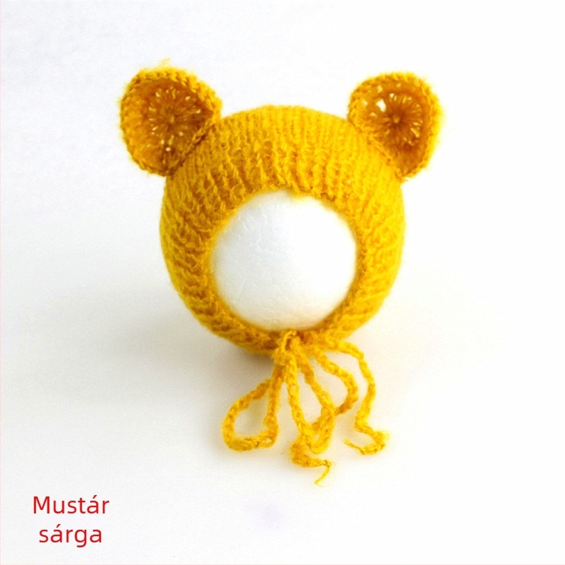 Kötött babasapka mohairból, medve alakú, kupola tetejű, meleg fotózáshoz tavasszal/ősszel, 0–6 hónapos korosztálynak