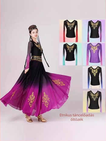 Uyghur etnikai tánc felső, chiffon-spandex keverék, Spandex 50-70% (első) és 30-50% (második); tavasz 2024; nőknek 18–24.