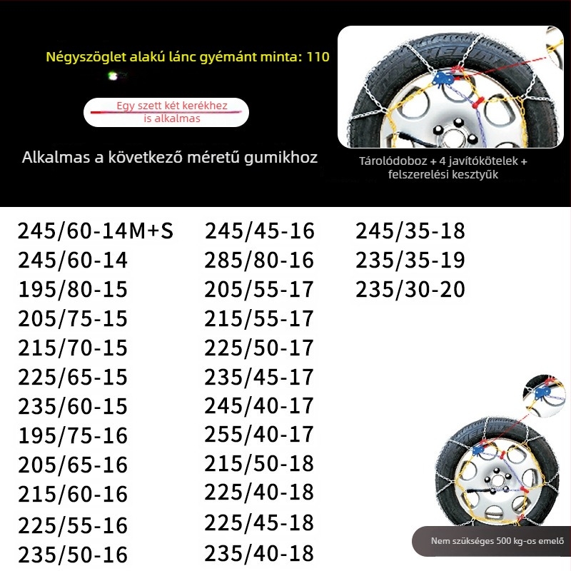 Autós téli hólánc, KN modell, 4 kg, minden autó gumihoz, testreszabható feldolgozás