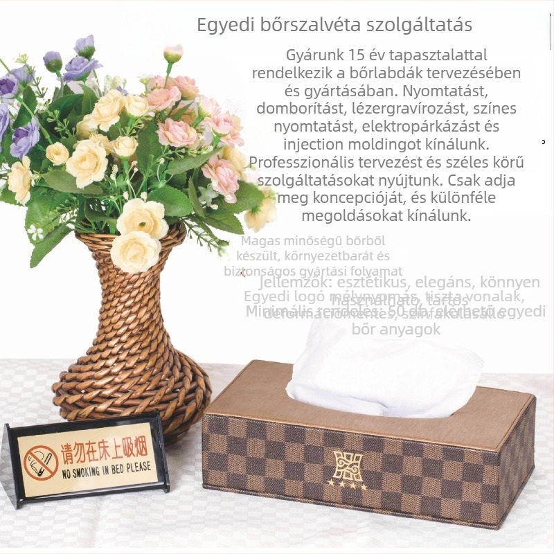 Bőr zsebkendő-doboz – kézműves, levehető belső tartállyal, modell FJ-0741, testreszabható logó, vendégszobák és íróasztalok számára