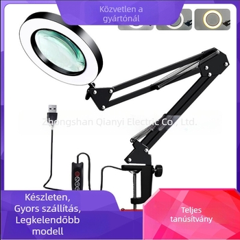 LED asztali lámpa hosszú karúval és összecsukható nagyítóval – szemkímélő olvasáshoz és karbantartáshoz, USB táplálású 12W, fém árnyékoló, CE tanúsítvány
