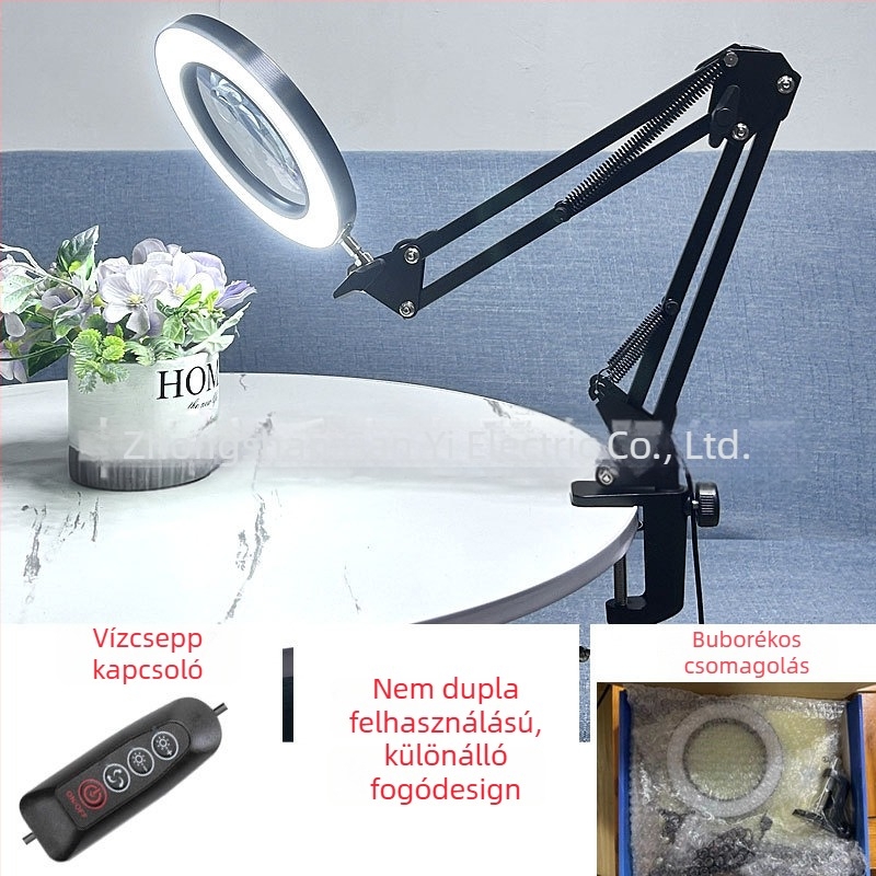 LED asztali lámpa hosszú karúval és összecsukható nagyítóval – szemkímélő olvasáshoz és karbantartáshoz, USB táplálású 12W, fém árnyékoló, CE tanúsítvány