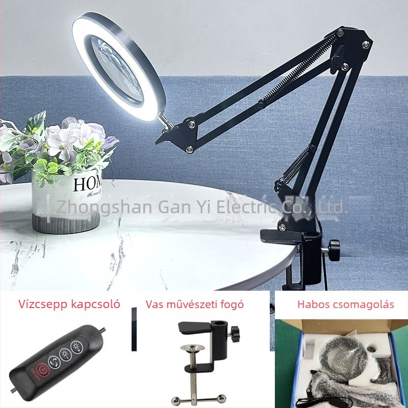 LED asztali lámpa hosszú karúval és összecsukható nagyítóval – szemkímélő olvasáshoz és karbantartáshoz, USB táplálású 12W, fém árnyékoló, CE tanúsítvány