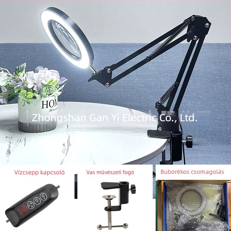 LED asztali lámpa hosszú karúval és összecsukható nagyítóval – szemkímélő olvasáshoz és karbantartáshoz, USB táplálású 12W, fém árnyékoló, CE tanúsítvány