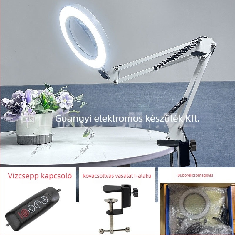 LED asztali lámpa hosszú karúval és összecsukható nagyítóval – szemkímélő olvasáshoz és karbantartáshoz, USB táplálású 12W, fém árnyékoló, CE tanúsítvány