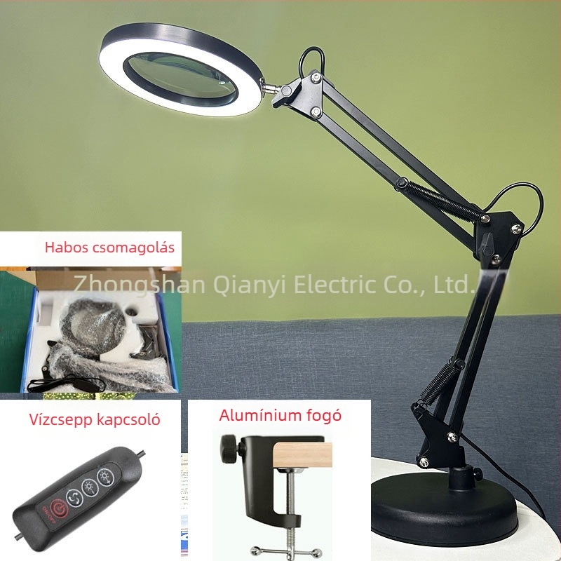 LED asztali lámpa hosszú karúval és összecsukható nagyítóval – szemkímélő olvasáshoz és karbantartáshoz, USB táplálású 12W, fém árnyékoló, CE tanúsítvány