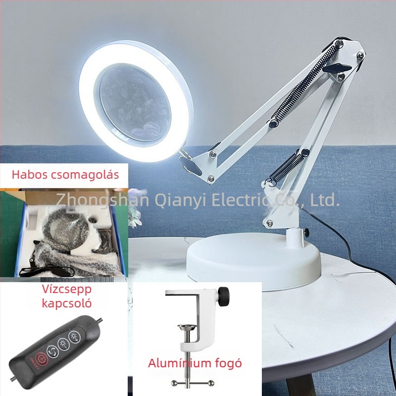 LED asztali lámpa hosszú karúval és összecsukható nagyítóval – szemkímélő olvasáshoz és karbantartáshoz, USB táplálású 12W, fém árnyékoló, CE tanúsítvány