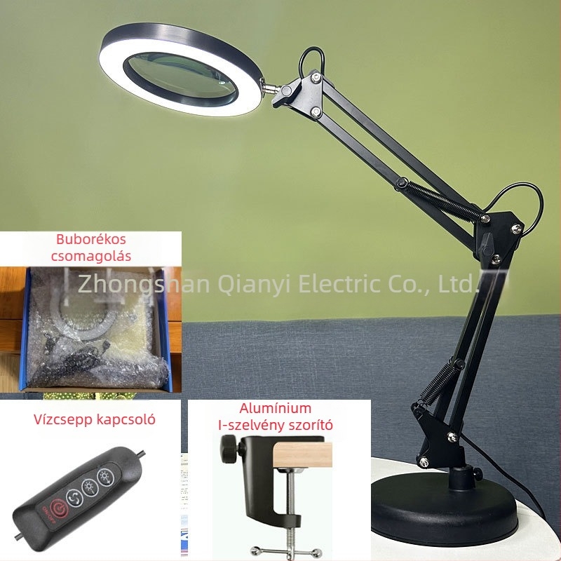 LED asztali lámpa hosszú karúval és összecsukható nagyítóval – szemkímélő olvasáshoz és karbantartáshoz, USB táplálású 12W, fém árnyékoló, CE tanúsítvány