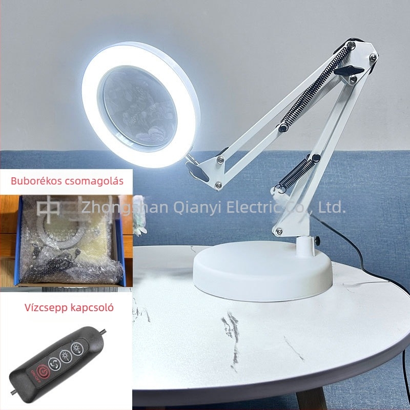 LED asztali lámpa hosszú karúval és összecsukható nagyítóval – szemkímélő olvasáshoz és karbantartáshoz, USB táplálású 12W, fém árnyékoló, CE tanúsítvány