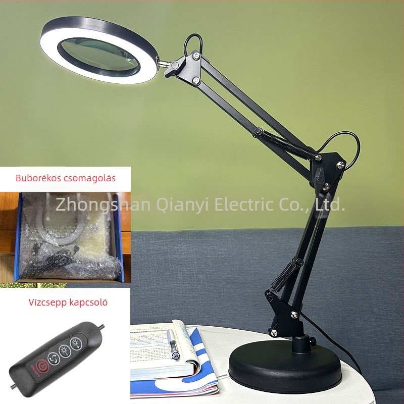 LED asztali lámpa hosszú karúval és összecsukható nagyítóval – szemkímélő olvasáshoz és karbantartáshoz, USB táplálású 12W, fém árnyékoló, CE tanúsítvány
