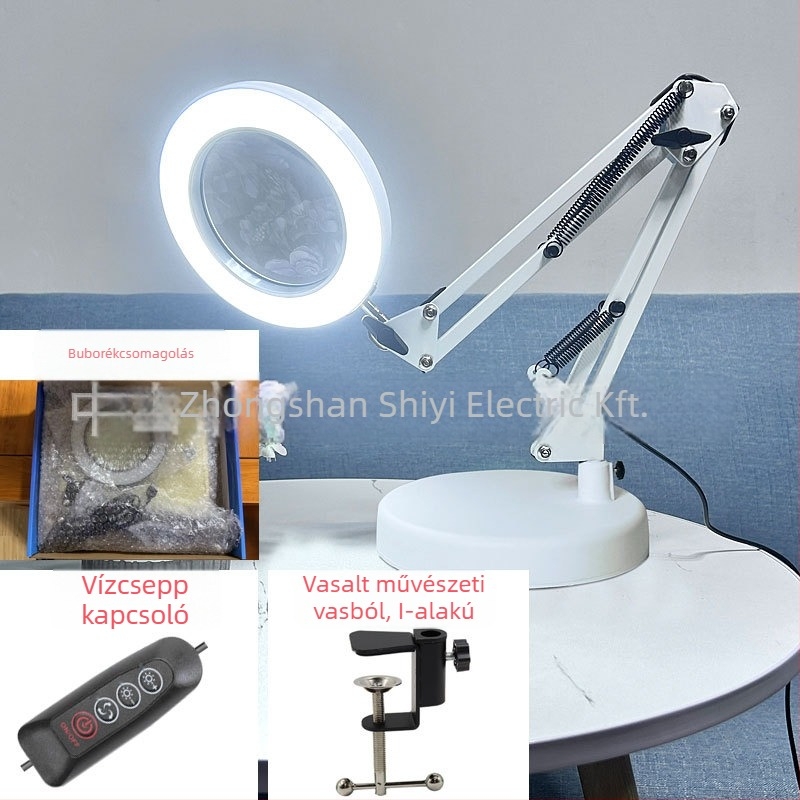 LED asztali lámpa hosszú karúval és összecsukható nagyítóval – szemkímélő olvasáshoz és karbantartáshoz, USB táplálású 12W, fém árnyékoló, CE tanúsítvány