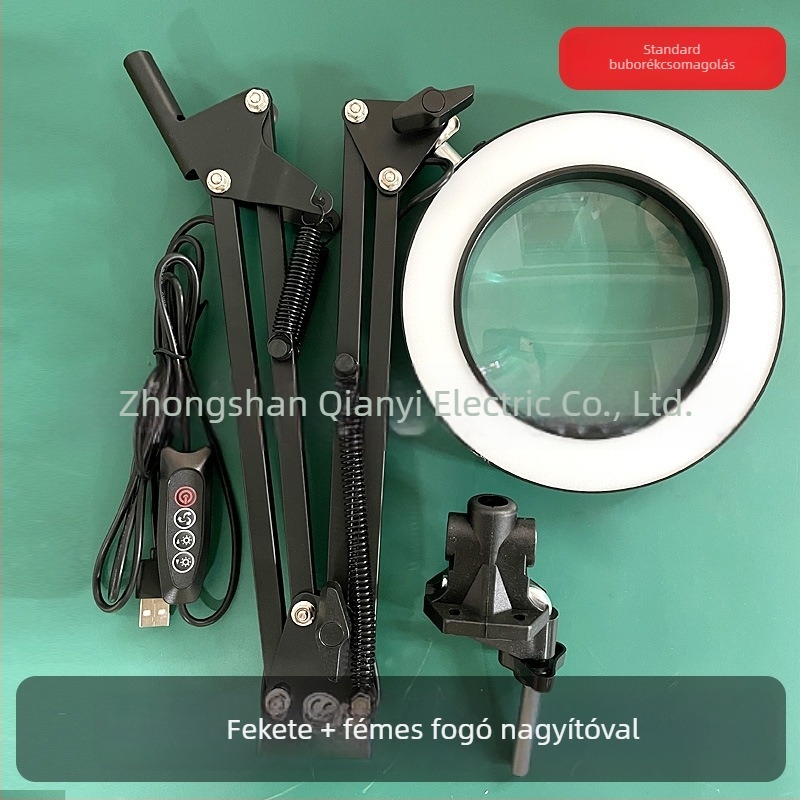 LED asztali lámpa hosszú karúval és összecsukható nagyítóval – szemkímélő olvasáshoz és karbantartáshoz, USB táplálású 12W, fém árnyékoló, CE tanúsítvány