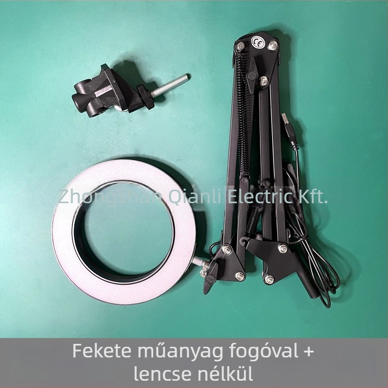 LED asztali lámpa hosszú karúval és összecsukható nagyítóval – szemkímélő olvasáshoz és karbantartáshoz, USB táplálású 12W, fém árnyékoló, CE tanúsítvány