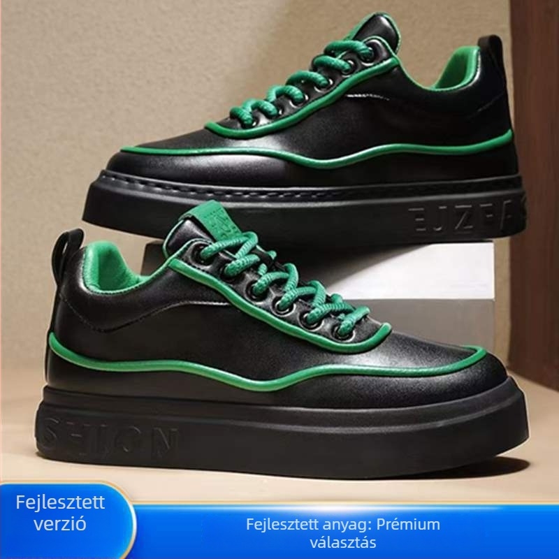 Uniszex PU bőrből készült board cipő belső magasságot növelő belső talppal, középmagas szabadidős cipő, fűzővel, gumitalppal