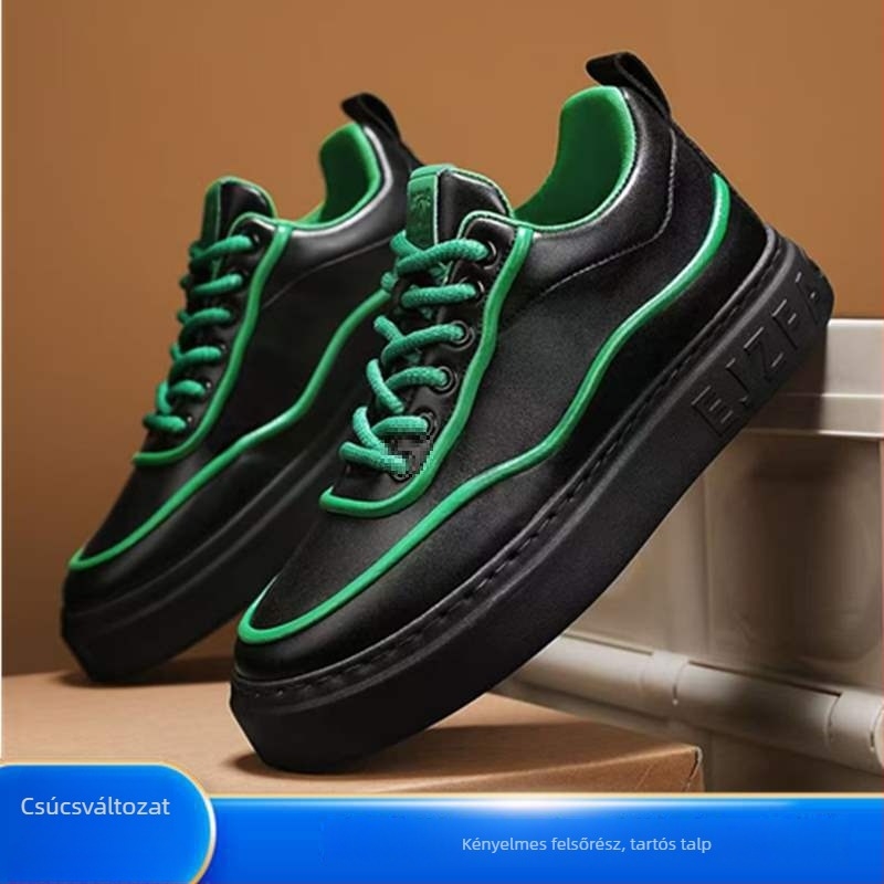 Uniszex PU bőrből készült board cipő belső magasságot növelő belső talppal, középmagas szabadidős cipő, fűzővel, gumitalppal