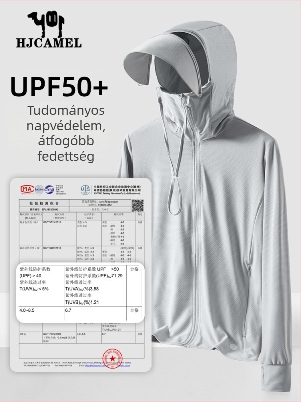 Férfi UV-védő kapucnis kabát, vékony és légáteresztő, levehető szegéllyel, UPF50+, poliészter