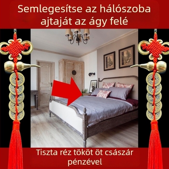 Sárgarézből készült kínai stílusú ágy melletti dekoratív dísztárgy tök motívummal és Öt Császár pénzmedállal