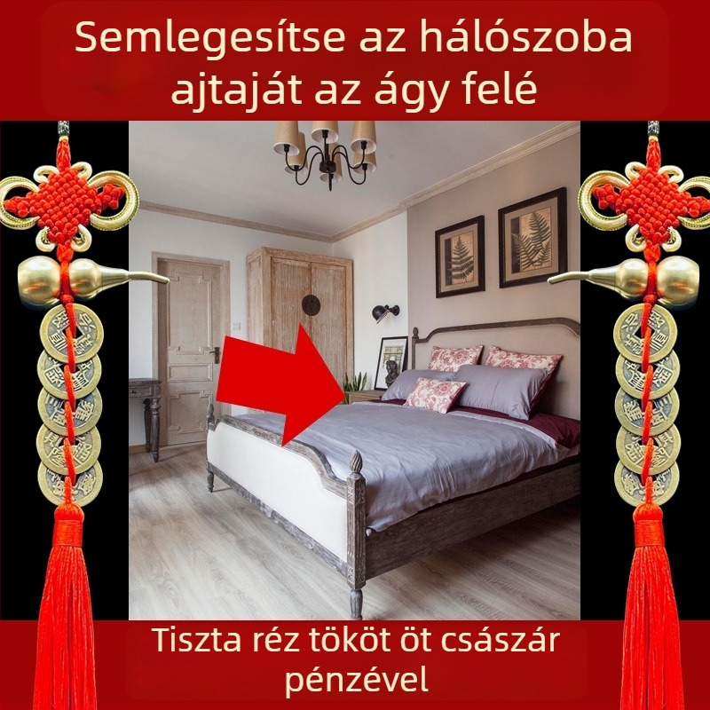 Sárgarézből készült kínai stílusú ágy melletti dekoratív dísztárgy tök motívummal és Öt Császár pénzmedállal