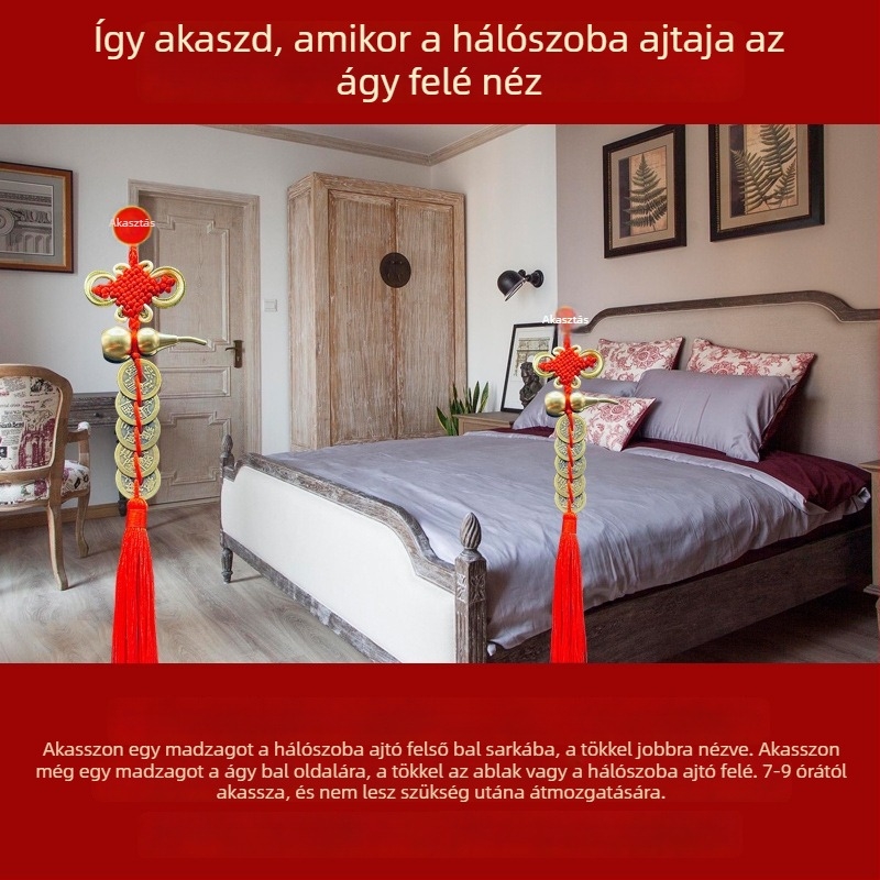 Sárgarézből készült kínai stílusú ágy melletti dekoratív dísztárgy tök motívummal és Öt Császár pénzmedállal