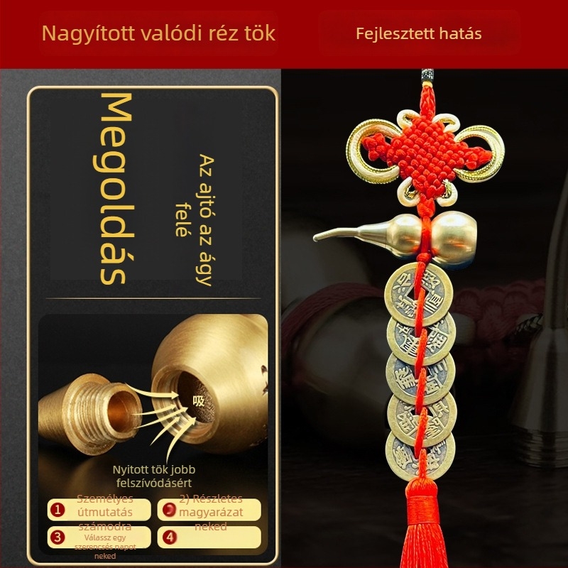 Sárgarézből készült kínai stílusú ágy melletti dekoratív dísztárgy tök motívummal és Öt Császár pénzmedállal