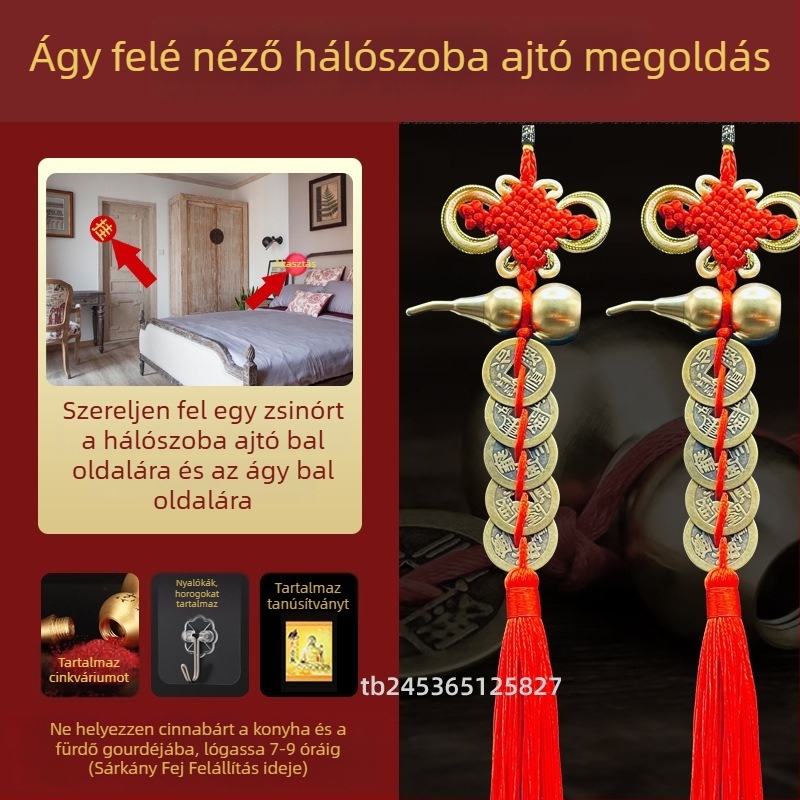 Sárgarézből készült kínai stílusú ágy melletti dekoratív dísztárgy tök motívummal és Öt Császár pénzmedállal