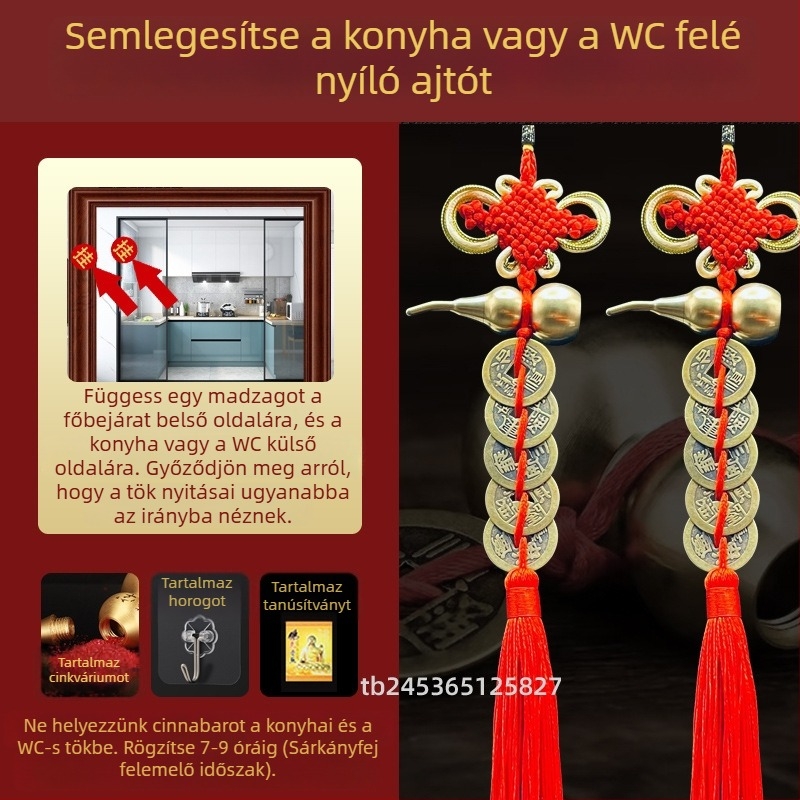 Sárgarézből készült kínai stílusú ágy melletti dekoratív dísztárgy tök motívummal és Öt Császár pénzmedállal