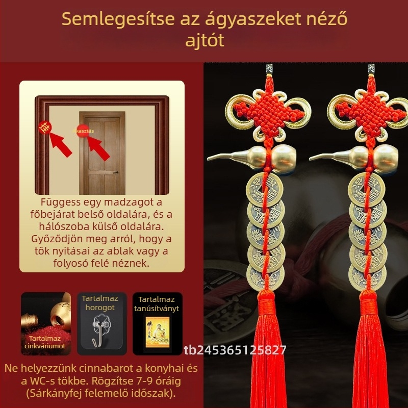 Sárgarézből készült kínai stílusú ágy melletti dekoratív dísztárgy tök motívummal és Öt Császár pénzmedállal