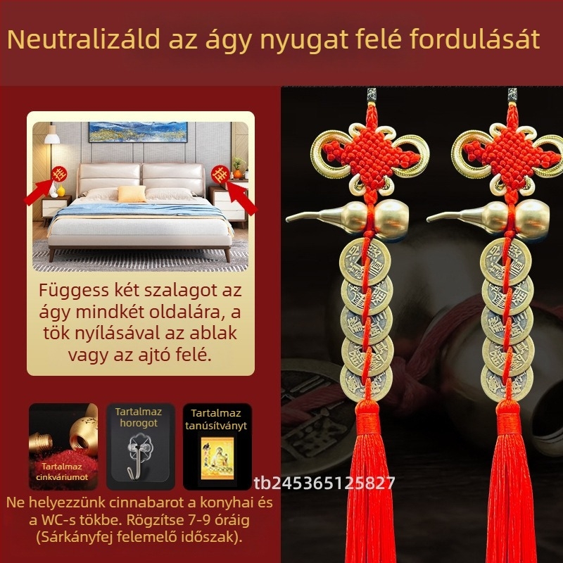 Sárgarézből készült kínai stílusú ágy melletti dekoratív dísztárgy tök motívummal és Öt Császár pénzmedállal