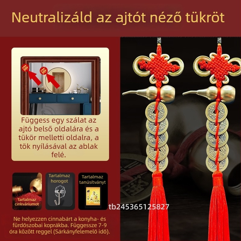 Sárgarézből készült kínai stílusú ágy melletti dekoratív dísztárgy tök motívummal és Öt Császár pénzmedállal