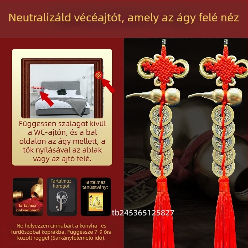 Sárgarézből készült kínai stílusú ágy melletti dekoratív dísztárgy tök motívummal és Öt Császár pénzmedállal