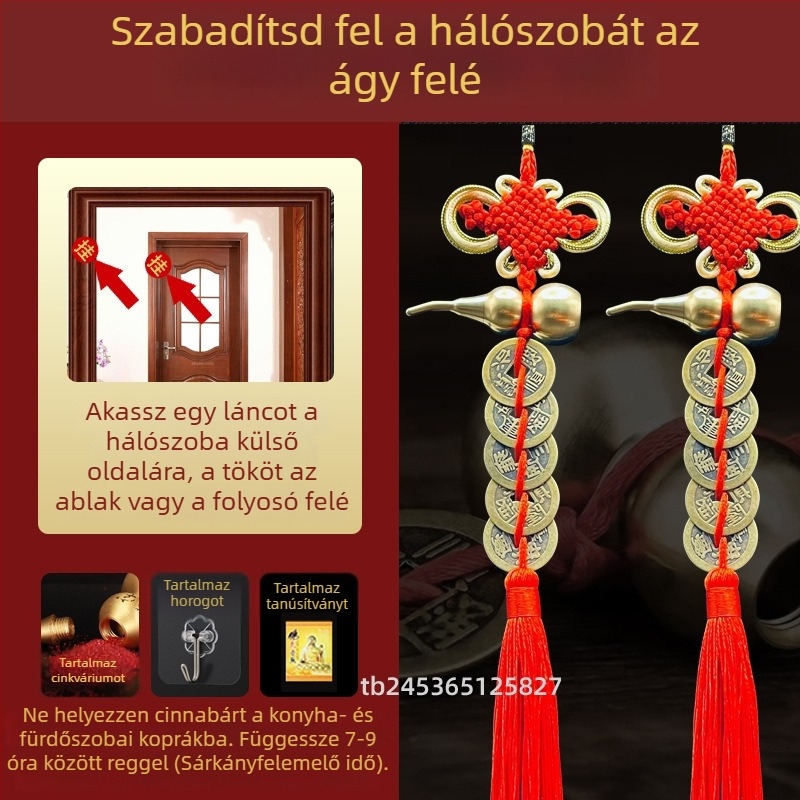 Sárgarézből készült kínai stílusú ágy melletti dekoratív dísztárgy tök motívummal és Öt Császár pénzmedállal