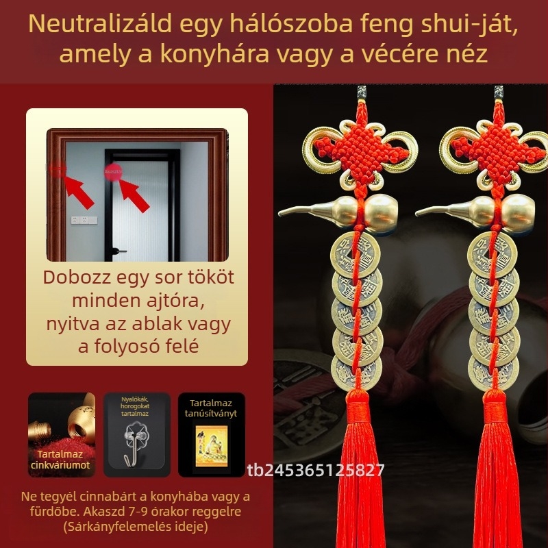 Sárgarézből készült kínai stílusú ágy melletti dekoratív dísztárgy tök motívummal és Öt Császár pénzmedállal