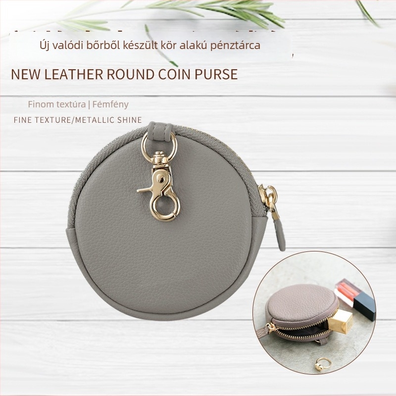 Valódi bőr kör alakú pénztárca fülhallgató tárolóval, uniszex, városi minimalist stílus