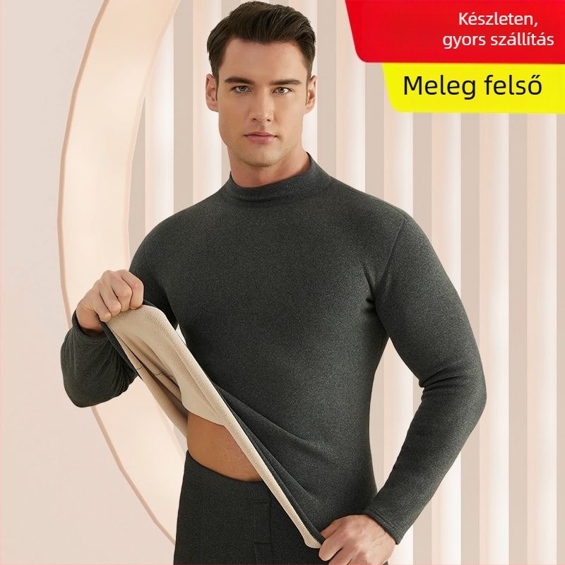 Férfiaknak készült termikus alsóruha készlet báránygyapjú-flíssel bélelt, extra vastag anyag (501-600 g/m²), 90-95% akril, hosszú ujjú, gallér egy vonalban