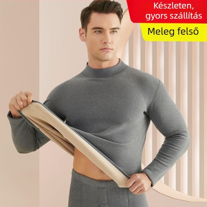 Férfiaknak készült termikus alsóruha készlet báránygyapjú-flíssel bélelt, extra vastag anyag (501-600 g/m²), 90-95% akril, hosszú ujjú, gallér egy vonalban