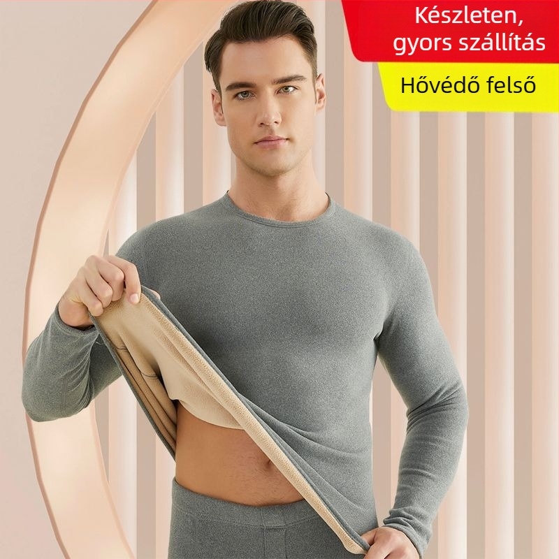 Férfiaknak készült termikus alsóruha készlet báránygyapjú-flíssel bélelt, extra vastag anyag (501-600 g/m²), 90-95% akril, hosszú ujjú, gallér egy vonalban