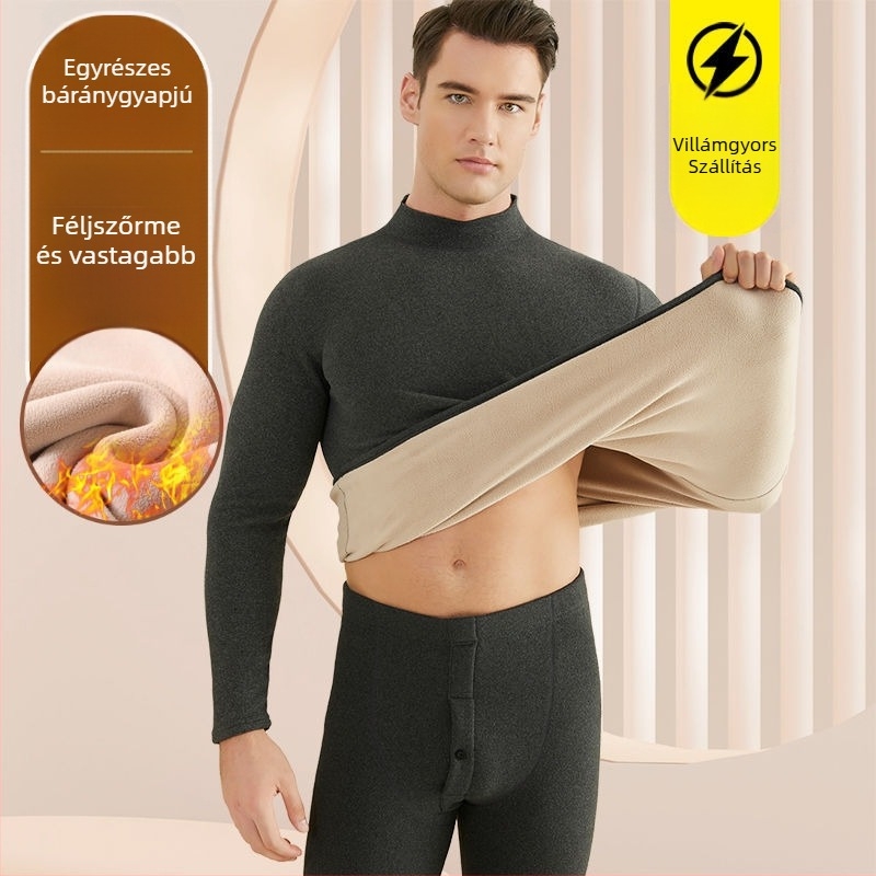 Férfiaknak készült termikus alsóruha készlet báránygyapjú-flíssel bélelt, extra vastag anyag (501-600 g/m²), 90-95% akril, hosszú ujjú, gallér egy vonalban