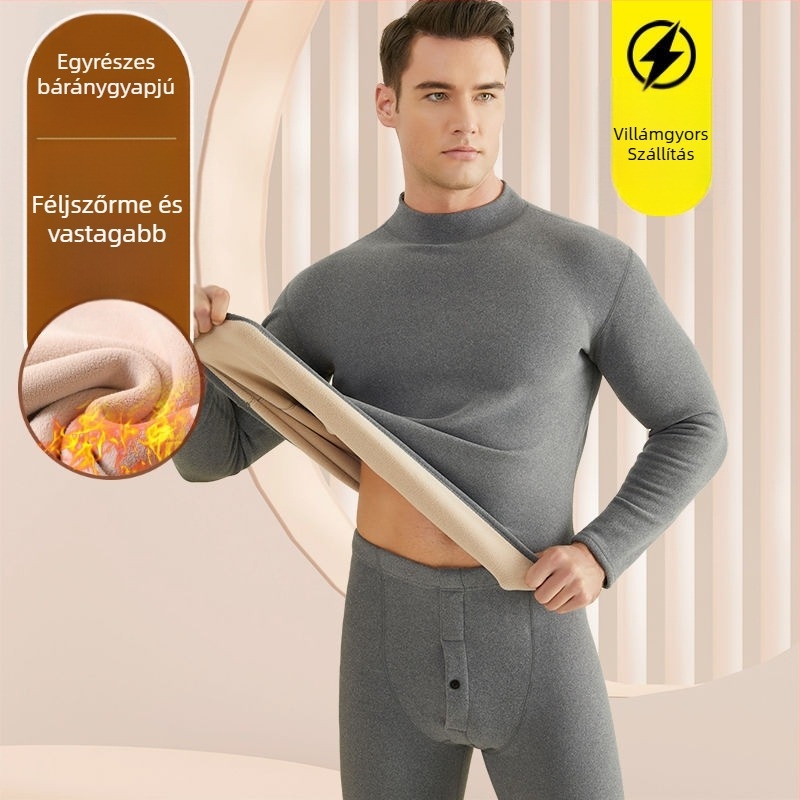 Férfiaknak készült termikus alsóruha készlet báránygyapjú-flíssel bélelt, extra vastag anyag (501-600 g/m²), 90-95% akril, hosszú ujjú, gallér egy vonalban