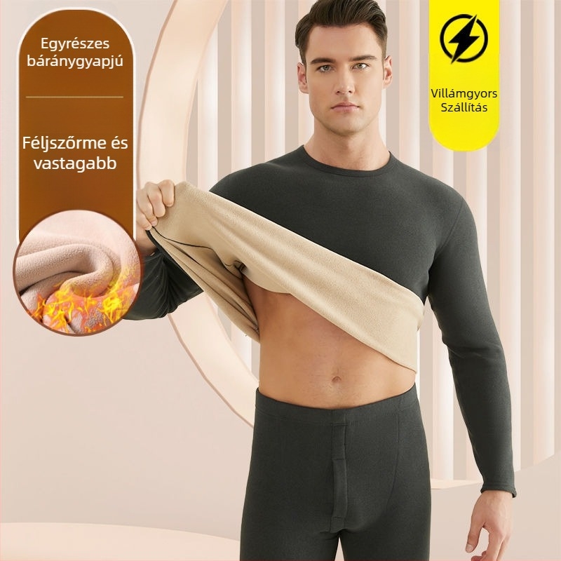 Férfiaknak készült termikus alsóruha készlet báránygyapjú-flíssel bélelt, extra vastag anyag (501-600 g/m²), 90-95% akril, hosszú ujjú, gallér egy vonalban
