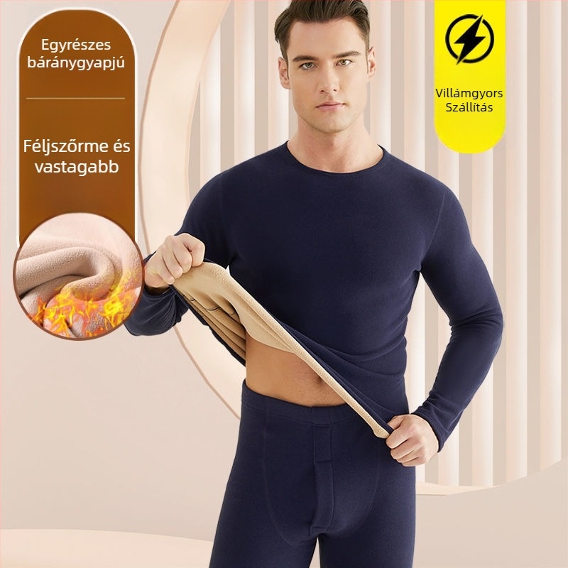 Férfiaknak készült termikus alsóruha készlet báránygyapjú-flíssel bélelt, extra vastag anyag (501-600 g/m²), 90-95% akril, hosszú ujjú, gallér egy vonalban