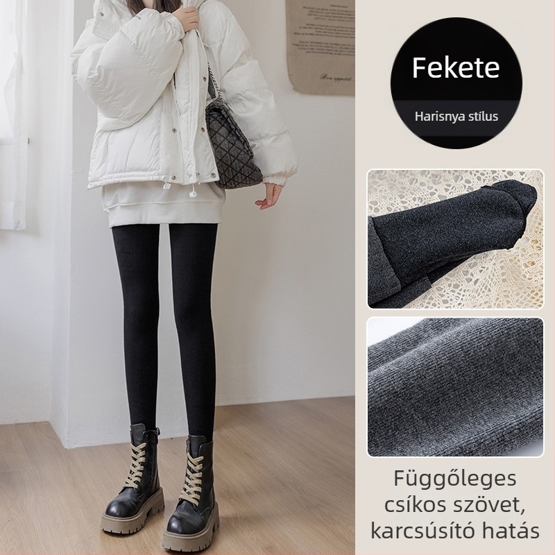 Pamut leggings filccel bélelt, magas derekú, szoros fazon, bordázott textúra, közepes vastagság